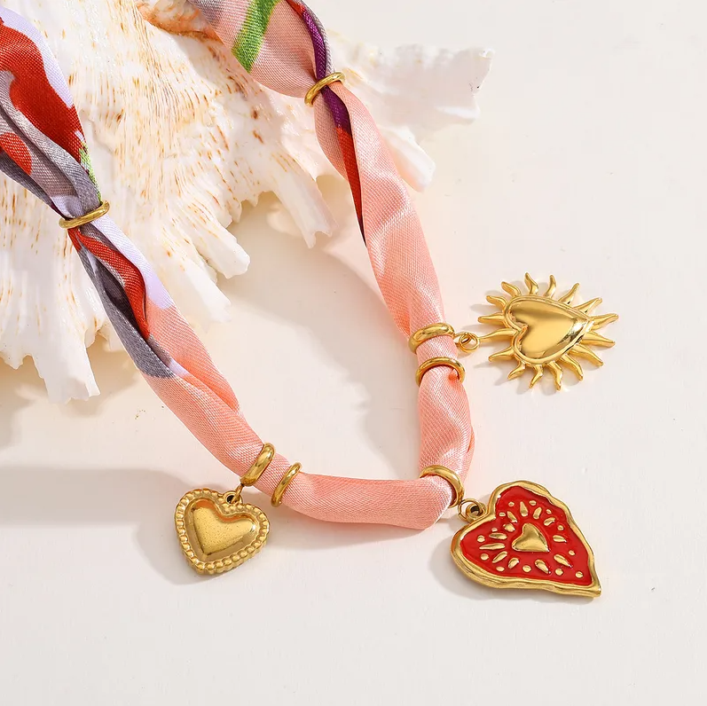 Pink Heart Sun Multi-Charm Scarf Necklace - Jewelry - 18k Gold Plated Waterproof Jewellery - Collection 9