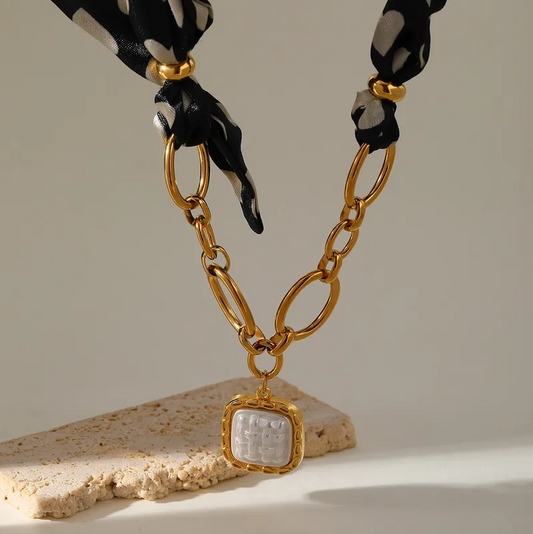 Black Pearl Square Chain Scarf Necklace - Jewelry - 18k Gold Plated Waterproof Jewellery - Collection 9