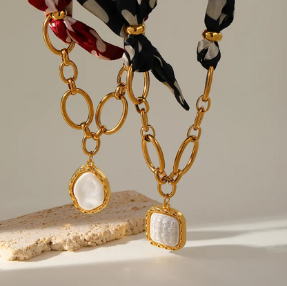 Burgundy Pearl Oval Chain Scarf Necklace - Jewelry - 18k Gold Plated Waterproof Jewellery - Collection 9