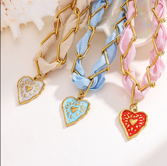 Pink Red Heart Paperclip Chain Scarf Necklace - Jewelry - 18k Gold Plated Waterproof Jewellery - Collection 9