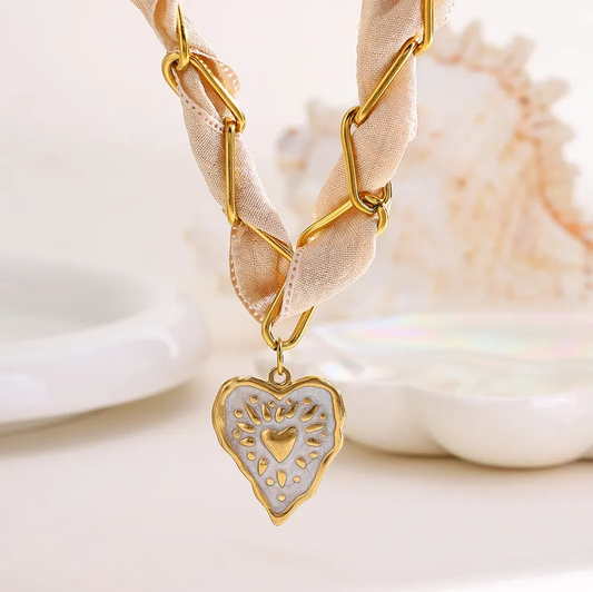 Beige Cutout Heart Paperclip Chain Scarf Necklace - Jewelry - 18k Gold Plated Waterproof Jewellery - Collection 9