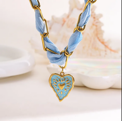 Blue Enamel Heart Paperclip Chain Scarf Necklace - Jewelry - 18k Gold Plated Waterproof Jewellery - Collection 9