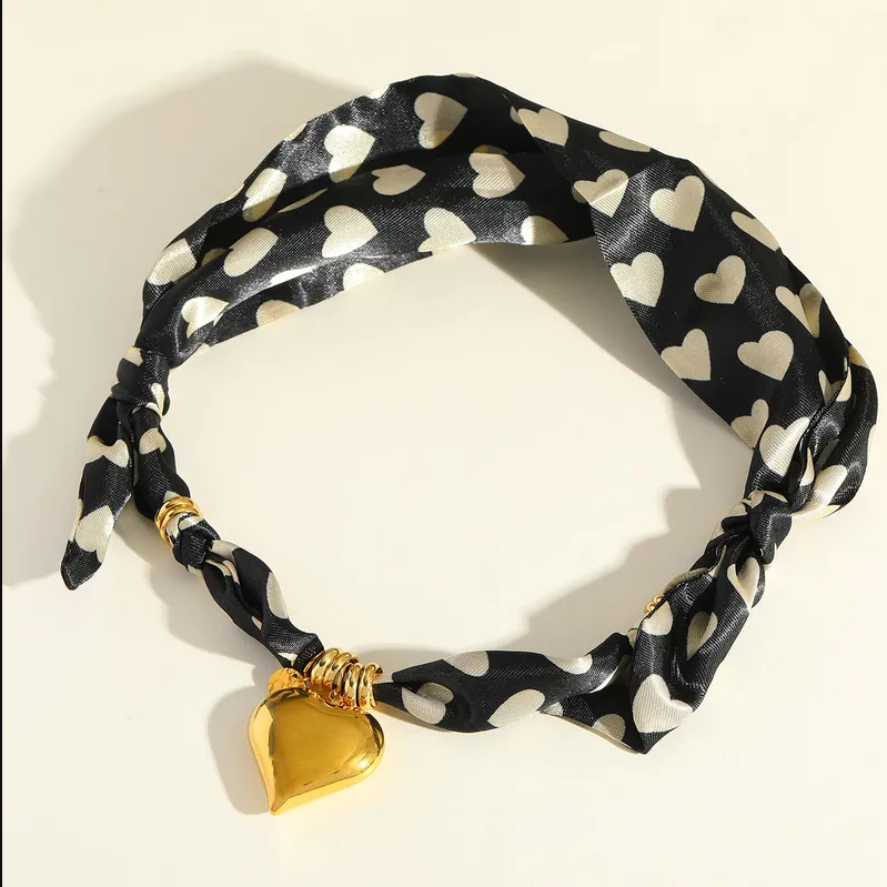 Black Heart Print Gold Heart Scarf Necklace - Jewelry - 18k Gold Plated Waterproof Jewellery - Collection 9