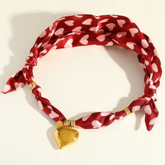 Red Heart Print Gold Heart Scarf Necklace - Jewelry - 18k Gold Plated Waterproof Jewellery - Collection 9