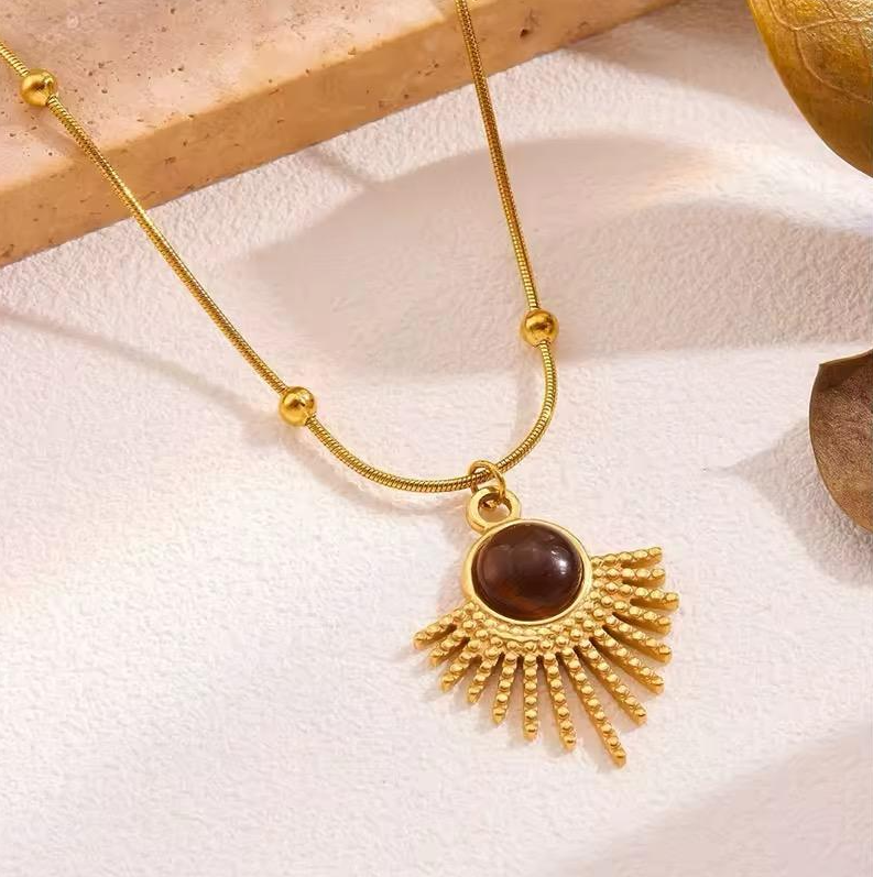 Sunburst Stone Pendant Necklace - Jewelry - 18k Gold Plated Waterproof Jewellery - Collection 9