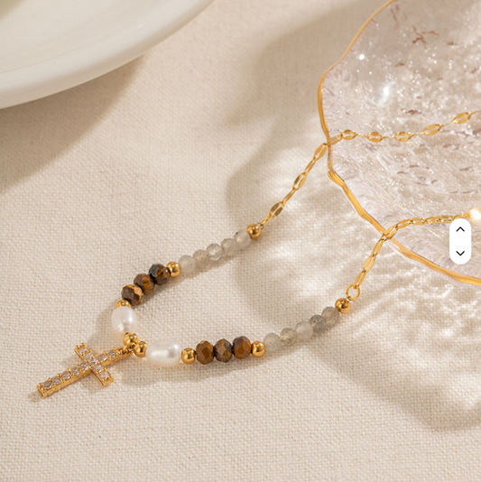 Crystal Cross Beaded Necklace - Jewelry - 18k Gold Plated Waterproof Jewellery - Collection 9
