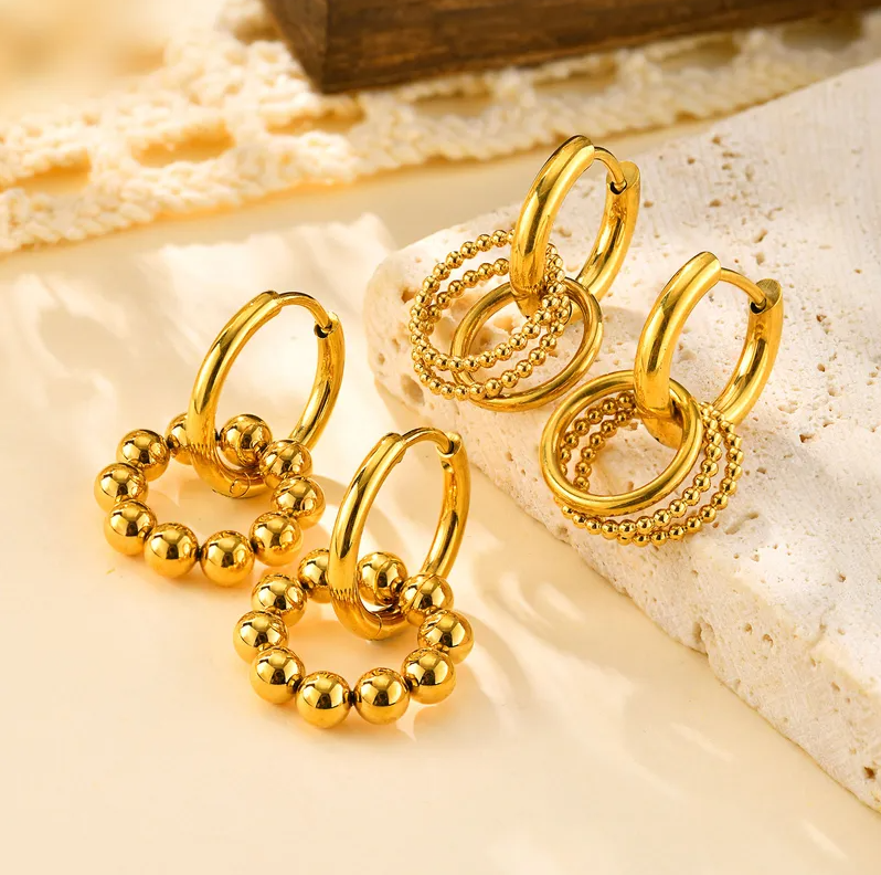 Golden Beaded Hoop Earrings - Earrings - 18k Gold Plated Waterproof Jewellery - Collection 9
