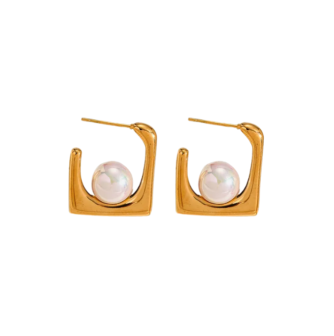 Golden Pearl Square Stud Earrings - Earrings - 18k Gold Plated Waterproof Jewellery - Collection 9