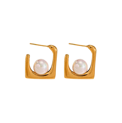 Golden Pearl Square Stud Earrings - Earrings - 18k Gold Plated Waterproof Jewellery - Collection 9