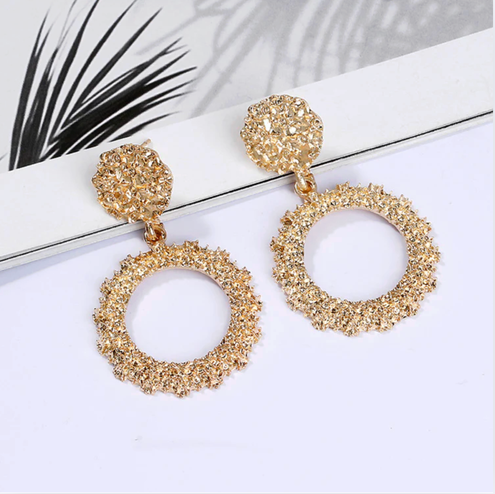 Textured Circle Drop Earrings - Jewelry - 18k Gold Plated Waterproof Jewellery - Collection 9