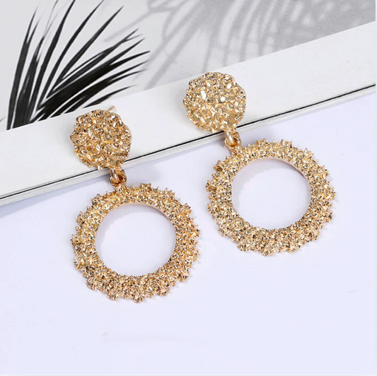 Textured Circle Drop Earrings - Jewelry - 18k Gold Plated Waterproof Jewellery - Collection 9
