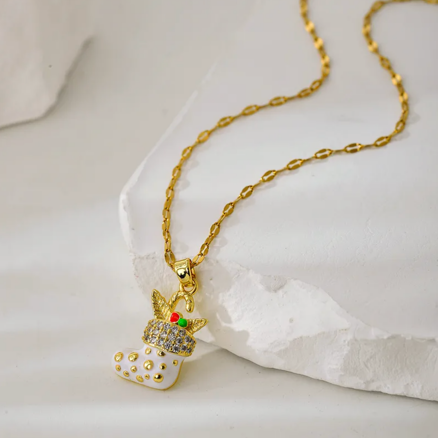 White & Gold Christmas Stocking Pendant Necklace - Necklaces - 18k Gold Plated Waterproof Jewellery - Collection 9