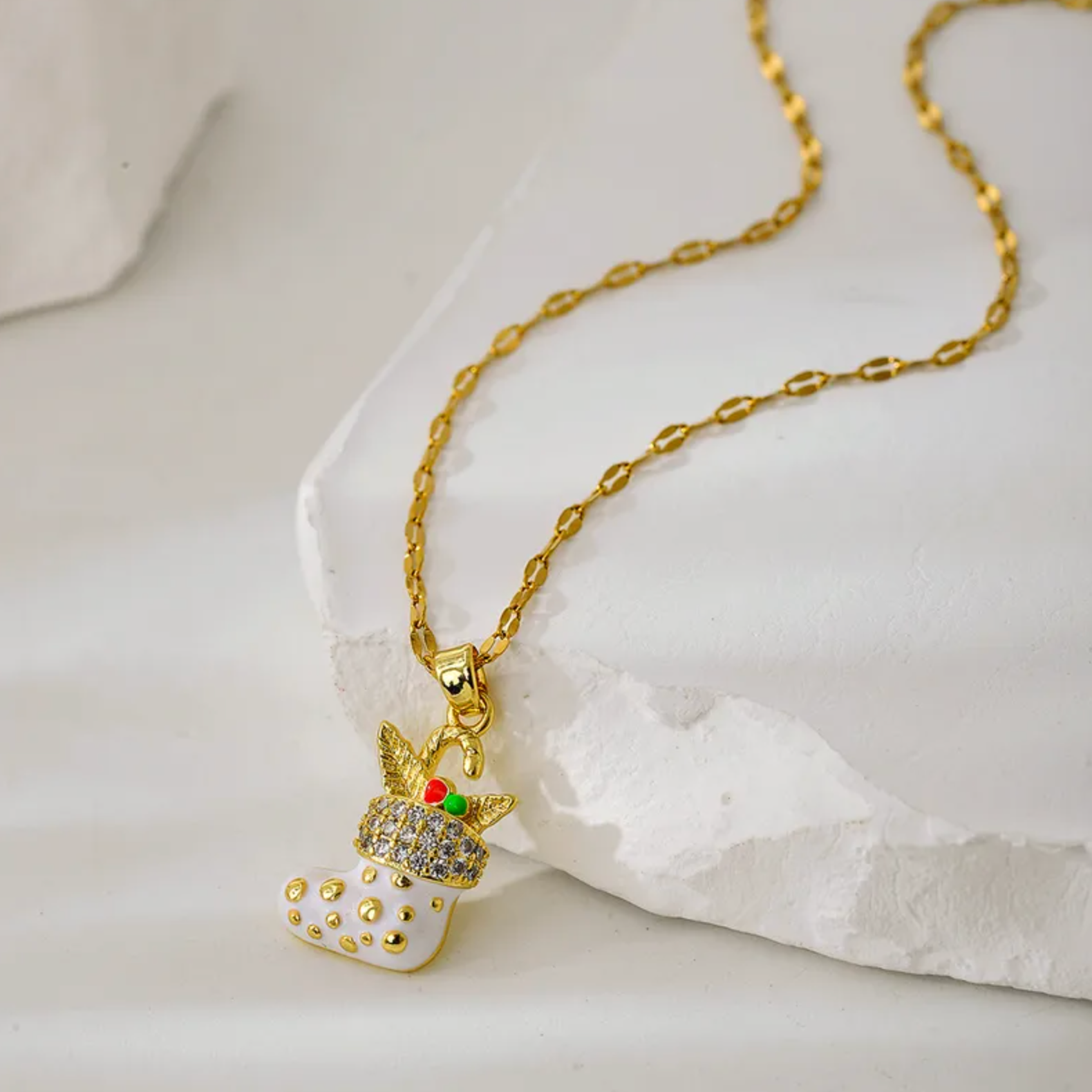 White & Gold Christmas Stocking Pendant Necklace - Necklaces - 18k Gold Plated Waterproof Jewellery - Collection 9