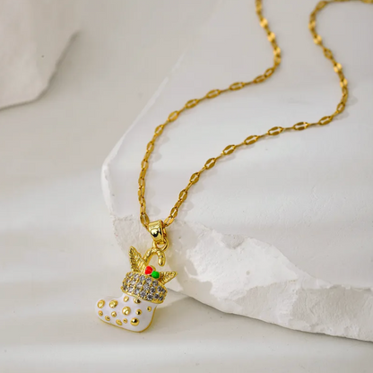 White & Gold Christmas Stocking Pendant Necklace - Necklaces - 18k Gold Plated Waterproof Jewellery - Collection 9