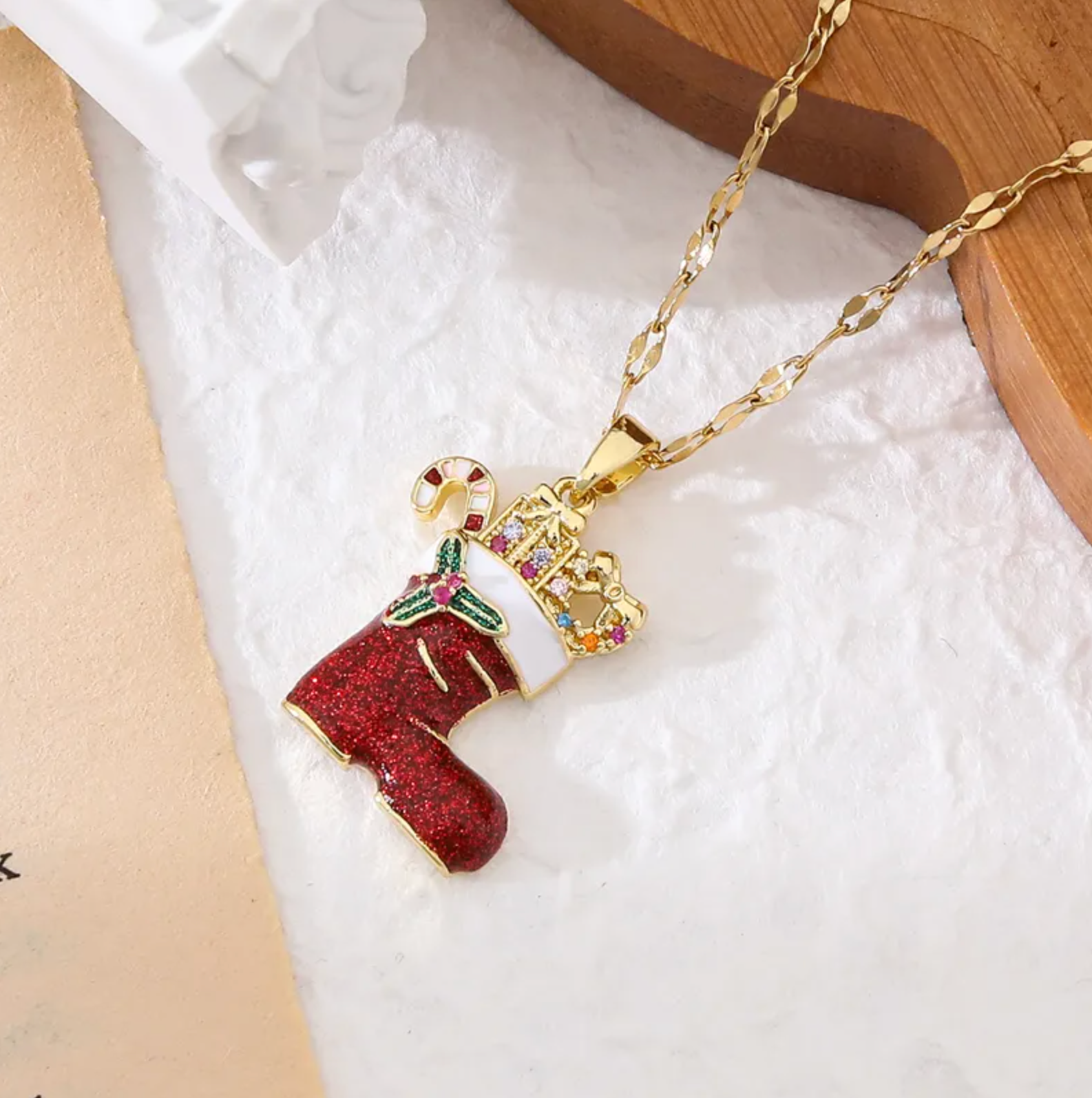 Christmas Stocking & Candy Cane Pendant Necklace - Necklaces - 18k Gold Plated Waterproof Jewellery - Collection 9