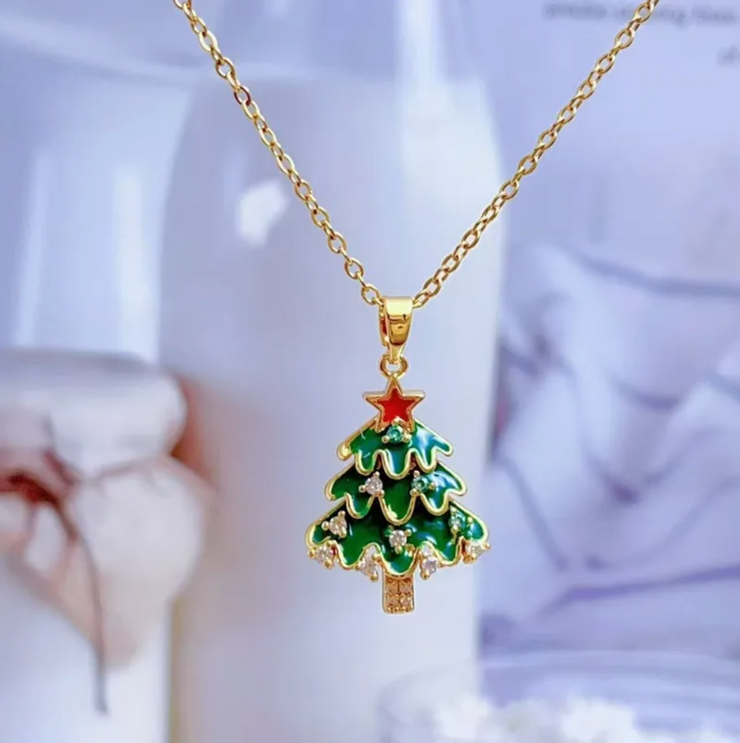 Green Enamel Christmas Tree Pendant Necklace - Necklaces - 18k Gold Plated Waterproof Jewellery - Collection 9