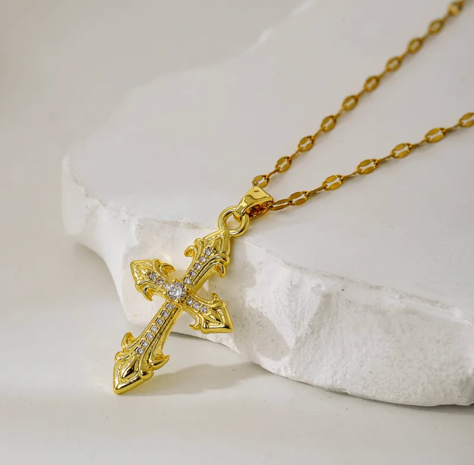 Ornate Gold Cross Pendant Necklace - Necklaces - 18k Gold Plated Waterproof Jewellery - Collection 9