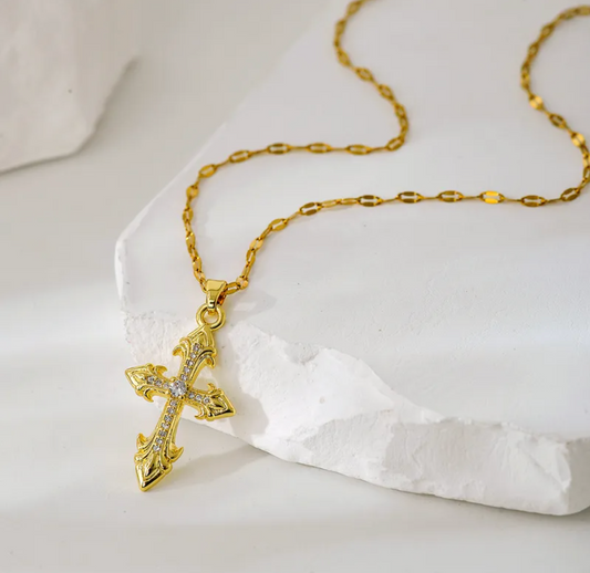 Ornate Gold Cross Pendant Necklace - Necklaces - 18k Gold Plated Waterproof Jewellery - Collection 9