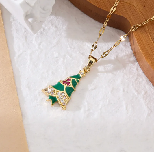 Green Enamel Christmas Tree Crystal Necklace - Necklaces - 18k Gold Plated Waterproof Jewellery - Collection 9