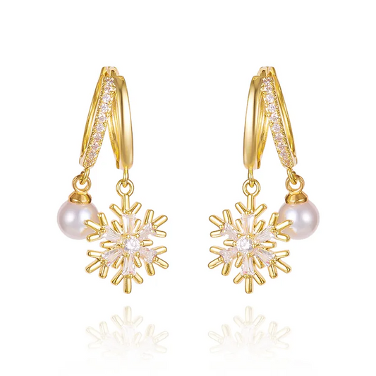 Pearl & Snowflake Crystal Hoop Earrings - Earrings - 18k Gold Plated Waterproof Jewellery - Collection 9