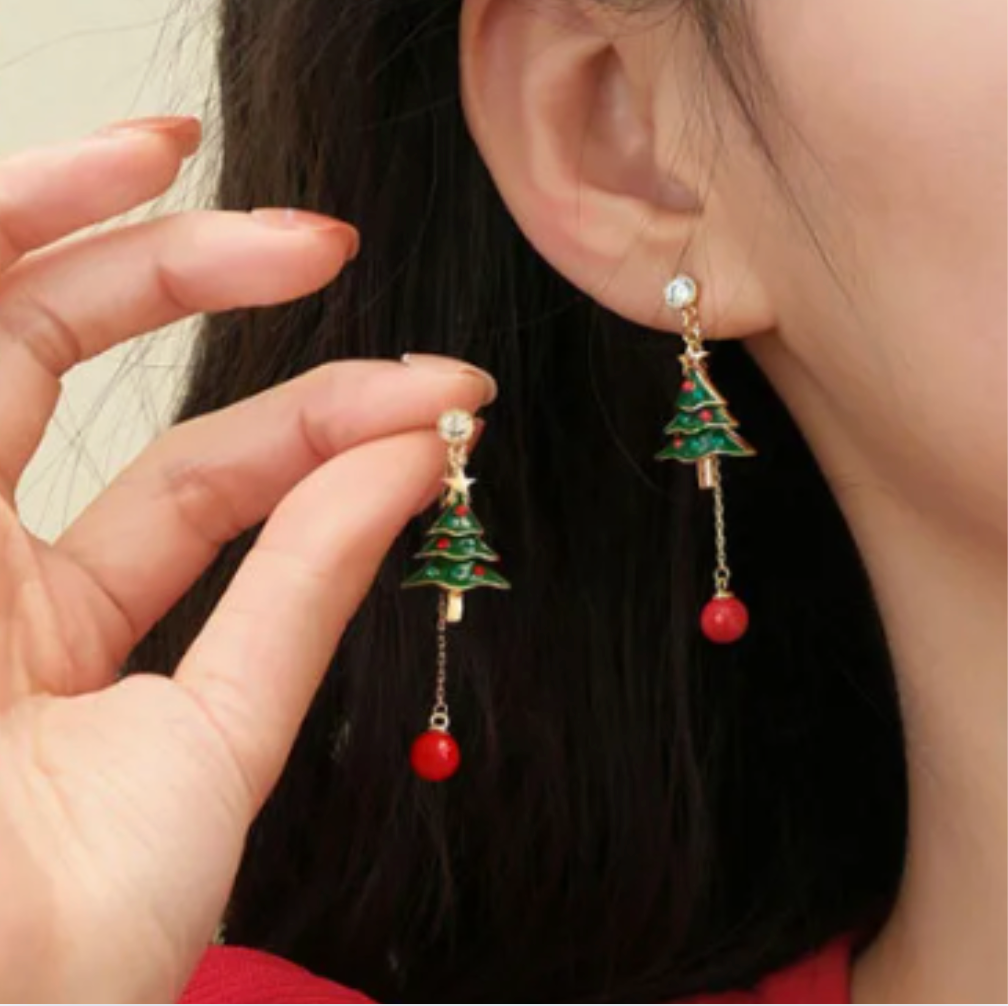 Green Enamel Christmas Tree Drop Earrings - Earrings - 18k Gold Plated Waterproof Jewellery - Collection 9