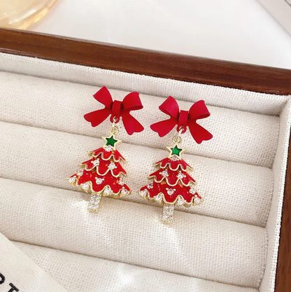 Red Bow Christmas Tree Drop Earrings - Earrings - 18k Gold Plated Waterproof Jewellery - Collection 9