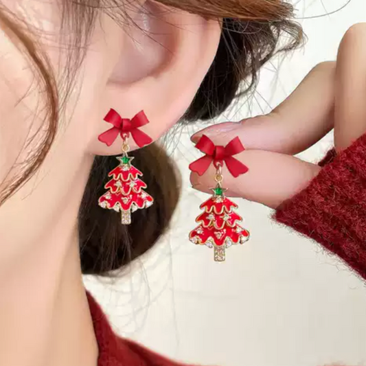 Red Bow Christmas Tree Drop Earrings - Earrings - 18k Gold Plated Waterproof Jewellery - Collection 9