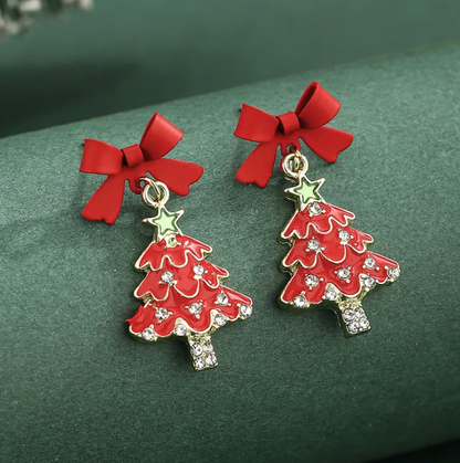Red Bow Christmas Tree Drop Earrings - Earrings - 18k Gold Plated Waterproof Jewellery - Collection 9