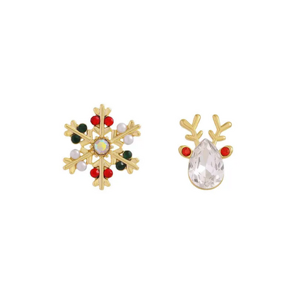 Snowflake & Reindeer Asymmetric Stud Earrings - Earrings - 18k Gold Plated Waterproof Jewellery - Collection 9
