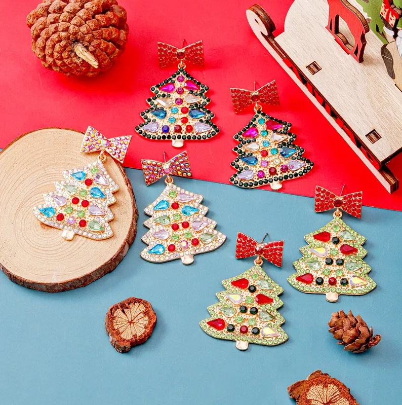 Crystal Bow & Christmas Tree Drop Earrings - Earrings - 18k Gold Plated Waterproof Jewellery - Collection 9