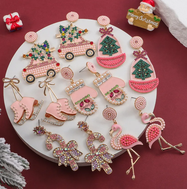 Pink Christmas Charm Drop Earrings - Earrings - 18k Gold Plated Waterproof Jewellery - Collection 9