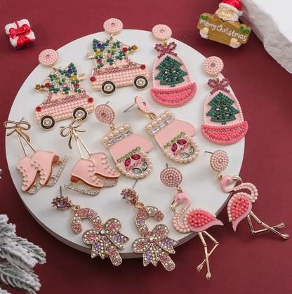 Pink Christmas Charm Drop Earrings - Earrings - 18k Gold Plated Waterproof Jewellery - Collection 9