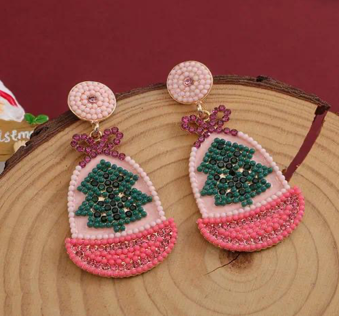 Pink Christmas Charm Drop Earrings - Earrings - 18k Gold Plated Waterproof Jewellery - Collection 9