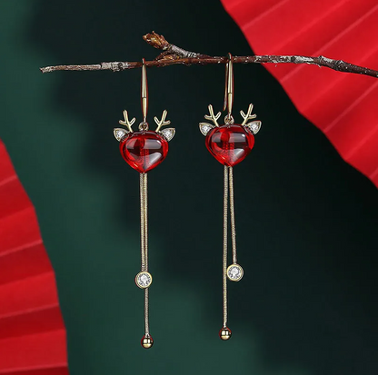 Red Crystal Reindeer Heart Tassel Earrings - Earrings - 18k Gold Plated Waterproof Jewellery - Collection 9