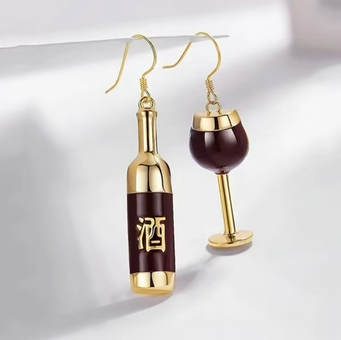Wine Bottle & Glass Asymmetric Drop Earrings - Earrings - 18k Gold Plated Waterproof Jewellery - Collection 9