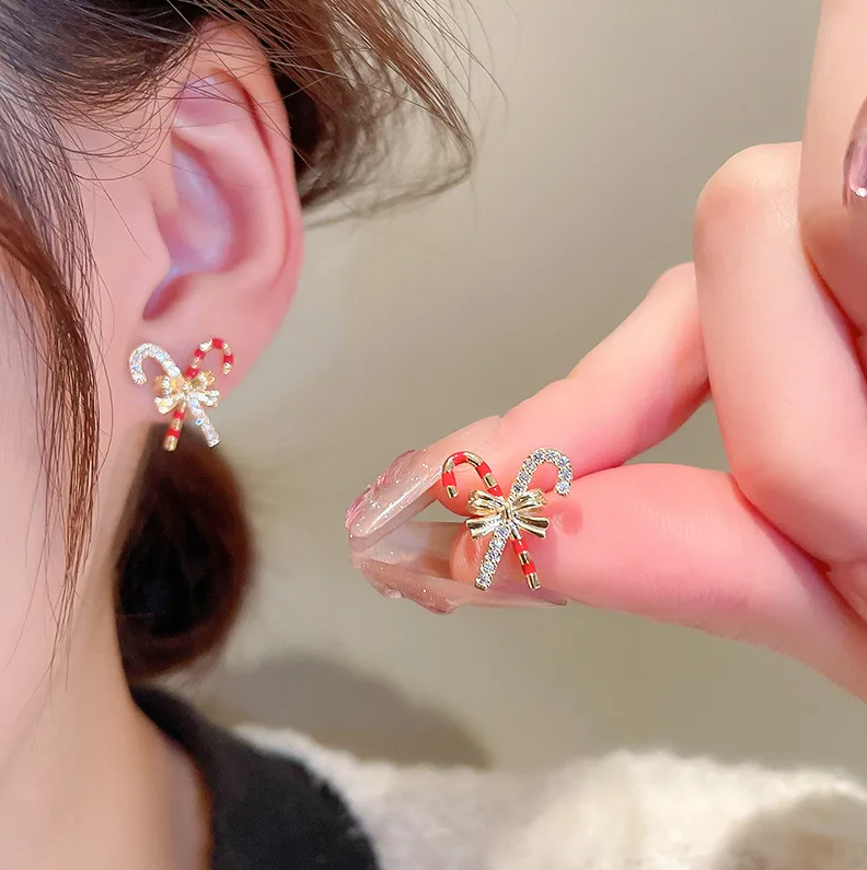 Crystal Candy Cane Bow Stud Earrings - Earrings - 18k Gold Plated Waterproof Jewellery - Collection 9