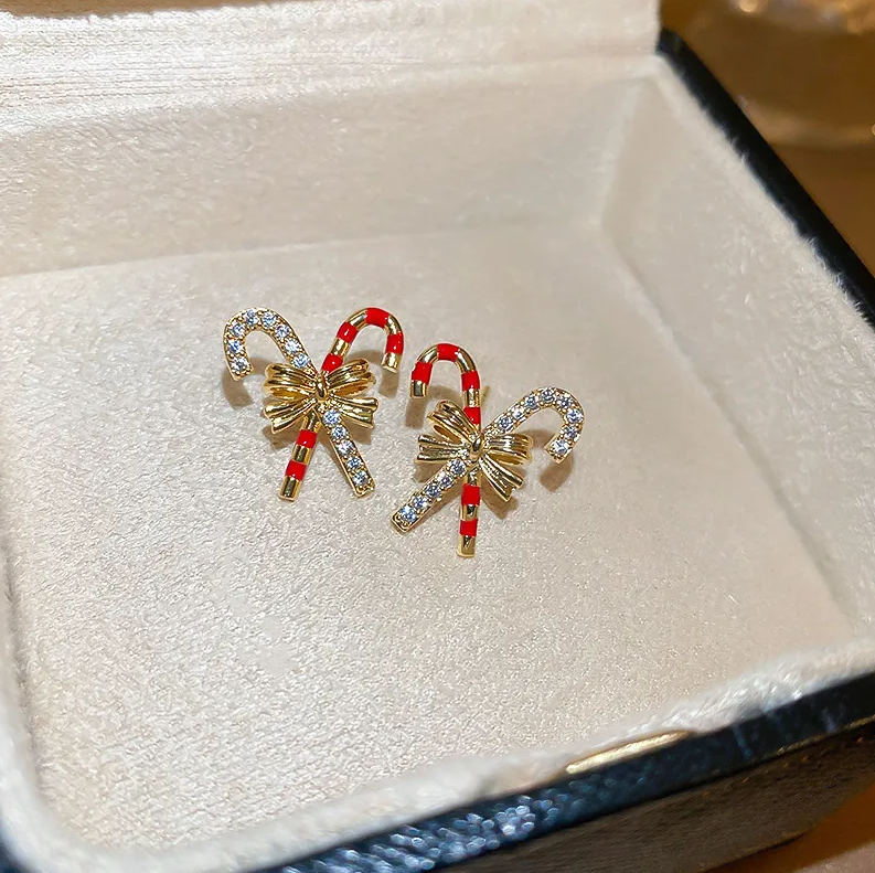 Crystal Candy Cane Bow Stud Earrings - Earrings - 18k Gold Plated Waterproof Jewellery - Collection 9