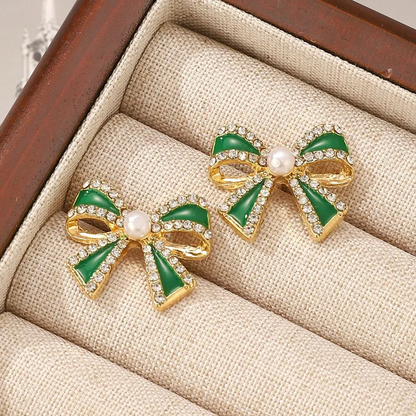 Pearl & Enamel Bow Stud Earrings - Earrings - 18k Gold Plated Waterproof Jewellery - Collection 9