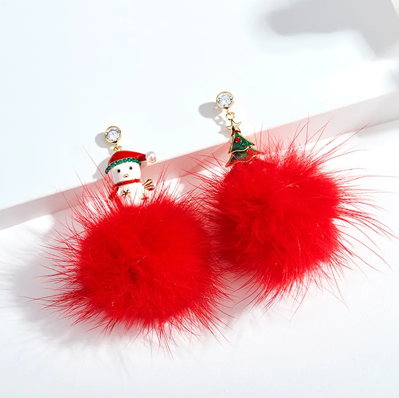 Snowman & Tree Pom Pom Drop Earrings - Earrings - 18k Gold Plated Waterproof Jewellery - Collection 9
