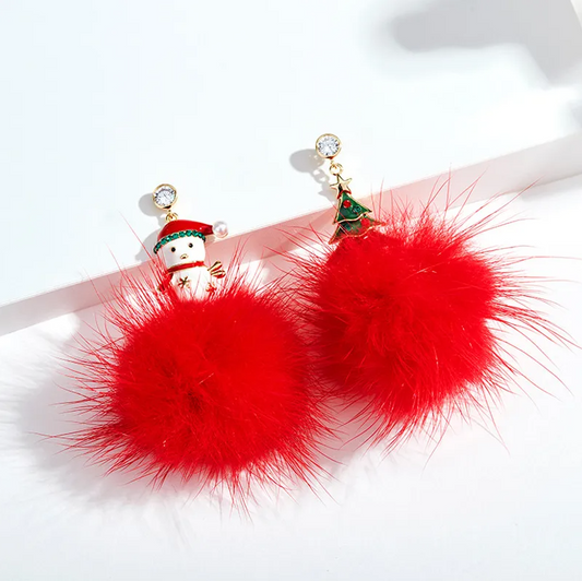 Snowman & Tree Pom Pom Drop Earrings - Earrings - 18k Gold Plated Waterproof Jewellery - Collection 9
