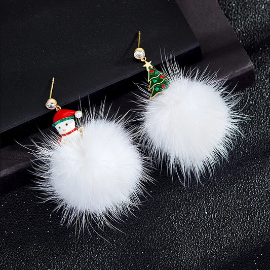 Snowman & Tree Pom Pom Drop Earrings - Earrings - 18k Gold Plated Waterproof Jewellery - Collection 9