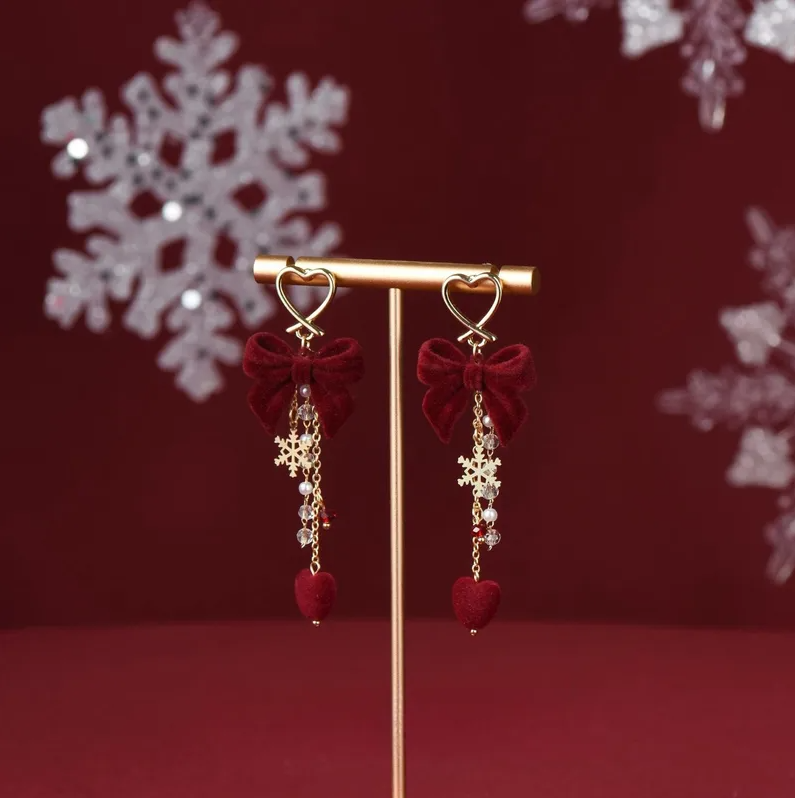 Heart Bow & Snowflake Tassel Drop Earrings - Earrings - 18k Gold Plated Waterproof Jewellery - Collection 9