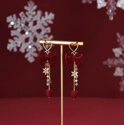 Heart Bow & Snowflake Tassel Drop Earrings - Earrings - 18k Gold Plated Waterproof Jewellery - Collection 9