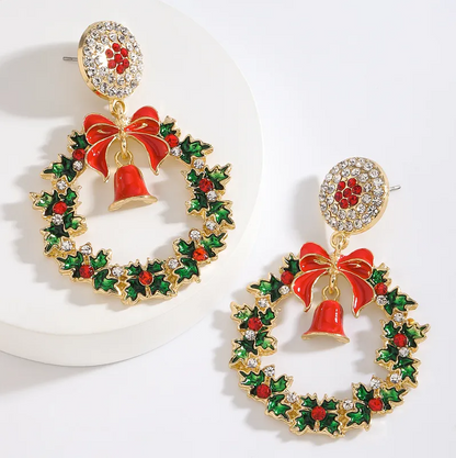 Holly Wreath & Bell Drop Earrings - Earrings - 18k Gold Plated Waterproof Jewellery - Collection 9