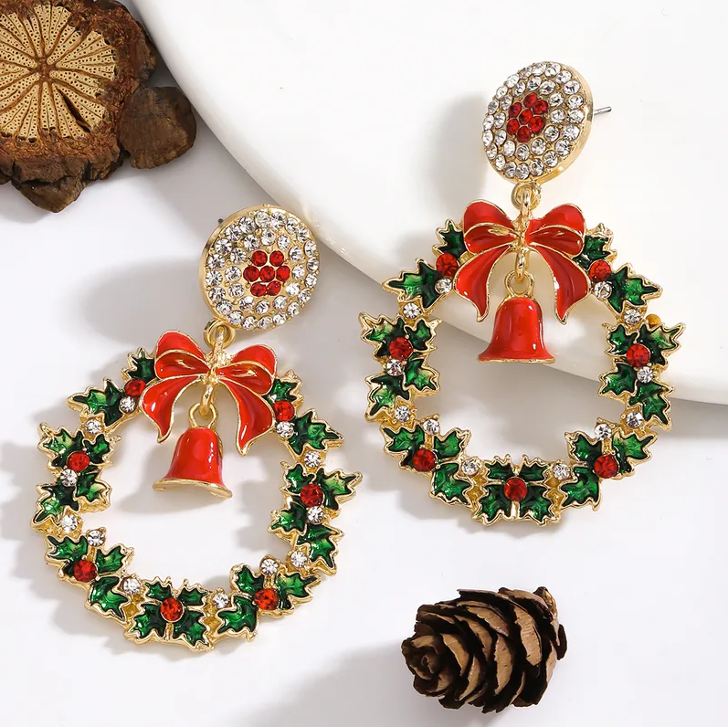 Holly Wreath & Bell Drop Earrings - Earrings - 18k Gold Plated Waterproof Jewellery - Collection 9