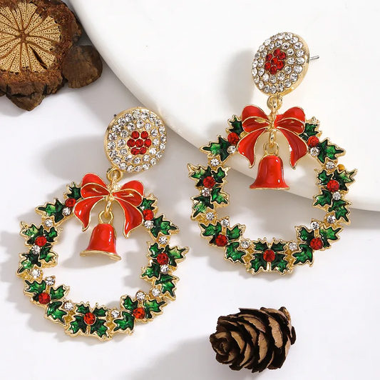 Holly Wreath & Bell Drop Earrings - Earrings - 18k Gold Plated Waterproof Jewellery - Collection 9