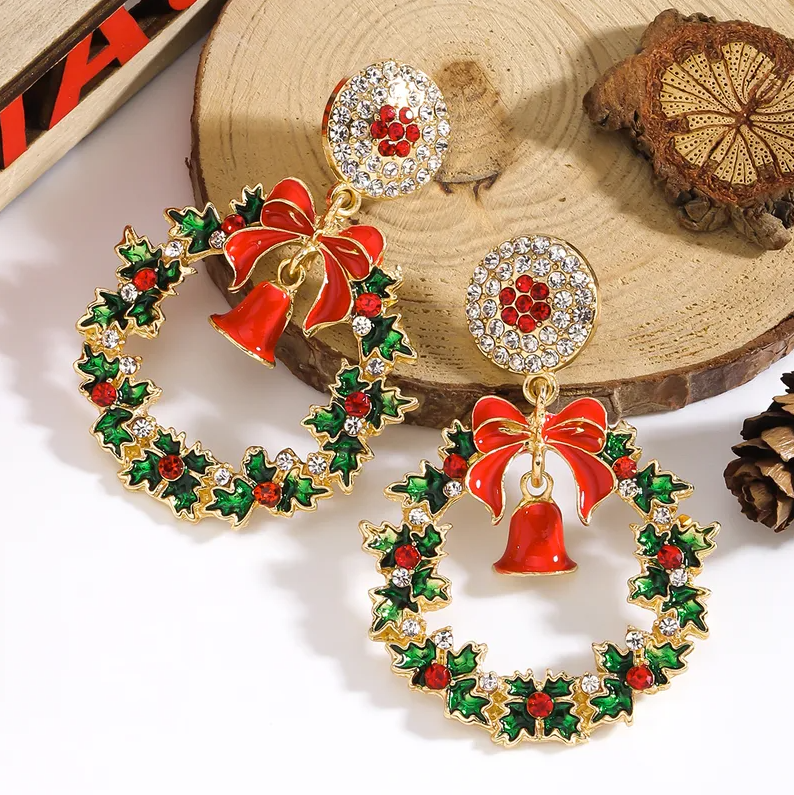 Holly Wreath & Bell Drop Earrings - Earrings - 18k Gold Plated Waterproof Jewellery - Collection 9