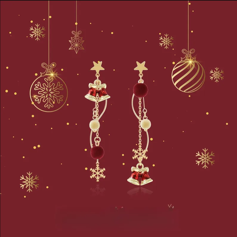 Bell & Snowflake Asymmetric Chain Earrings - Earrings - 18k Gold Plated Waterproof Jewellery - Collection 9