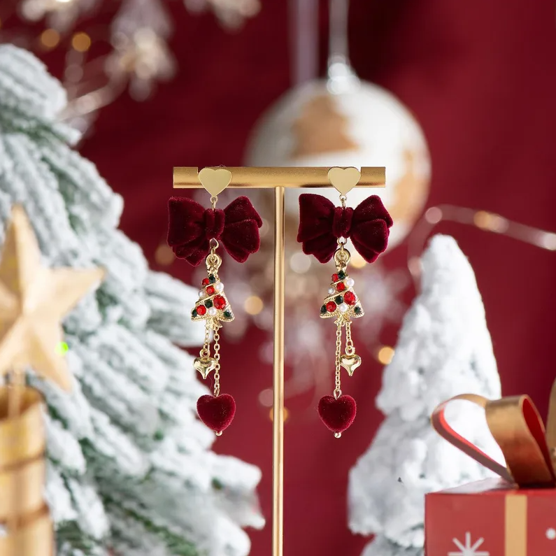 Velvet Bow & Crystal Tree Heart Drop Earrings - Earrings - 18k Gold Plated Waterproof Jewellery - Collection 9