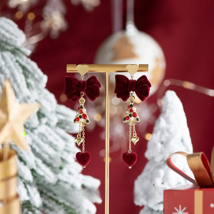 Velvet Bow & Crystal Tree Heart Drop Earrings - Earrings - 18k Gold Plated Waterproof Jewellery - Collection 9